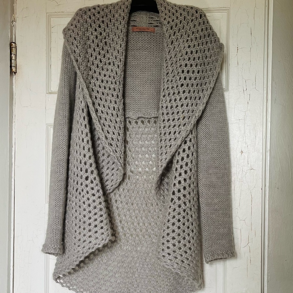 Shawl Collar Open-Front Circle Knit Cardigan Dove Gray EUC